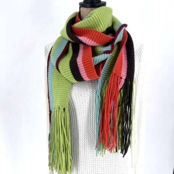 Vintage Y2K Lambswool & Angora Rainbow Striped Fringe‎ Winter Scarf Colorful - Picture 2 of 15